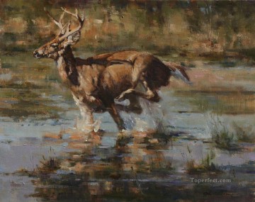 鹿 Painting - 沼地で走るオジロ